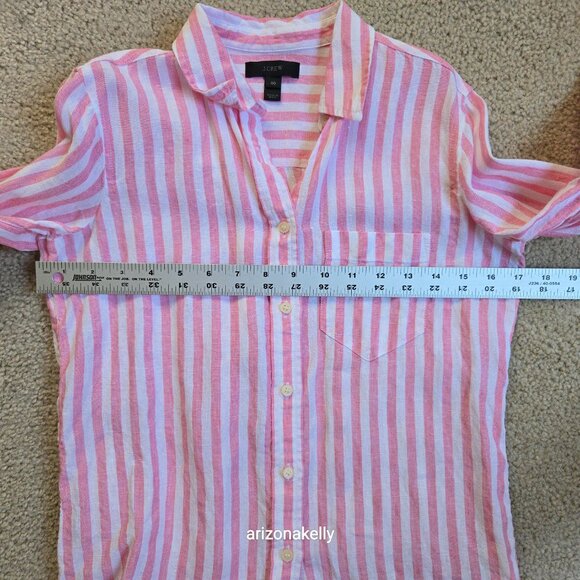 J. Crew Linen Button Down Shirt Pink + White Stripe Tie Waist  00 - Picture 6 of 10